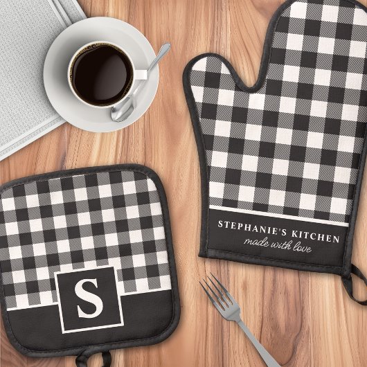 Geblokte zwart-wit geruite monogram ovenwant & pannenlap set