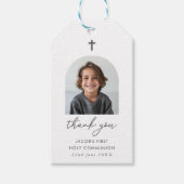 Gebogen foto Eerste Communie Jongen Bedankt Cadeaulabel (Voorkant)