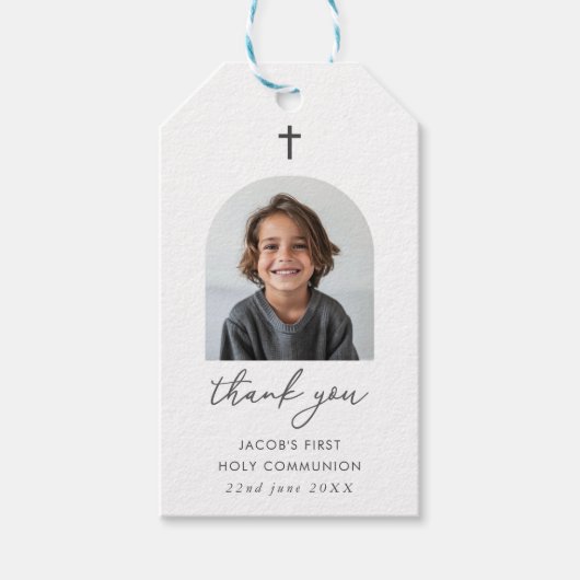 Gebogen foto Eerste Communie Jongen Bedankt Cadeaulabel (Voorkant)