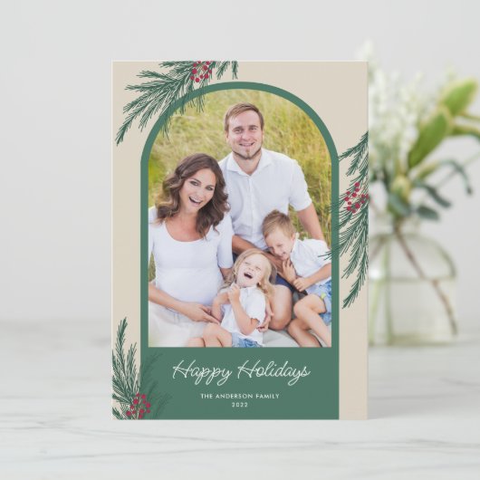 Gebogen Foto Wintergroen Gelukkig Kerstfeest Feestdagenkaart (Staand voorkant)