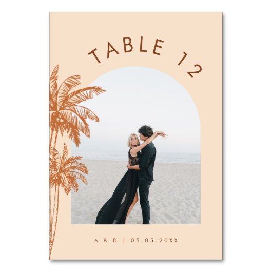 Gebogen fototekst Boho tropische palmboom bruiloft Kaart (Voorkant)
