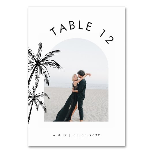 Gebogen Fototekst Hand getrokken Palm Tree Wedding Kaart (Achterkant)