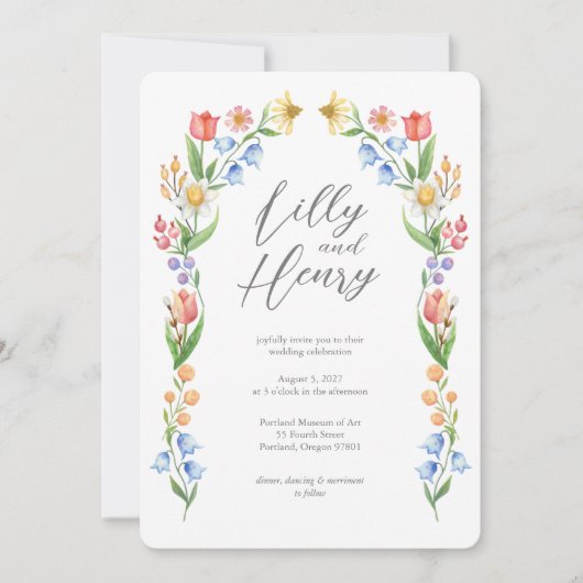 Gebogen lente Flora bruiloft Kaart (Voorkant)