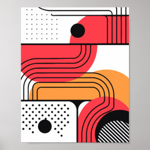 Gebogen lijn met rode en oranje geometrische vorme poster