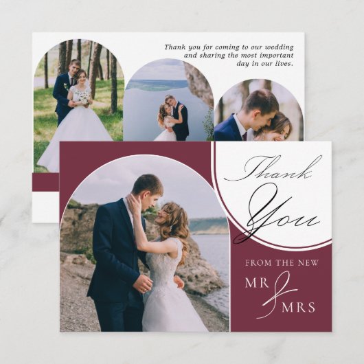 Gebogen Multi Foto Elegante Kalligrafie Bourgondië Bedankkaart (Voorkant / Achterkant)