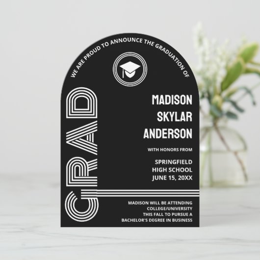 Gebogen Retro Zwart en Wit Custom Afstuderen Kaart (Staand voorkant)