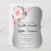 Gebogen Roze Rose Zilver Elegantie Bruiloft Kaart (Voorkant)