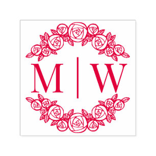 Gebogen Rozen Bruiloft 2 Initiele Ronde Monogram Zelfinktende Stempel