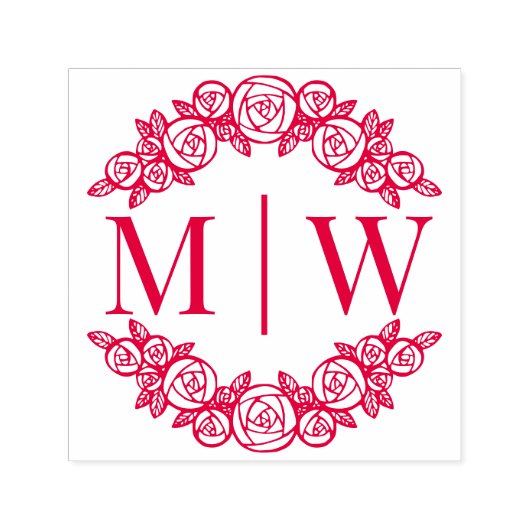 Gebogen Rozen Bruiloft 2 Initiele Ronde Monogram Zelfinktende Stempel (Design)