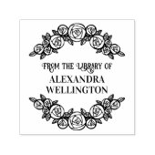 Gebogen rozen omlijst rond bibliotheekboeknaam  zelfinktende stempel (Design)