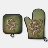 Gebogen steampunk piano keyboard. ovenwant & pannenlap set (Voorkant)