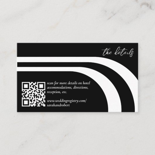 Gebogen streep boog zwart & wit bruiloft detail informatiekaartje (Voorkant)