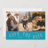Gebogen typografie multi foto aqua blauw save the date (Voorkant)