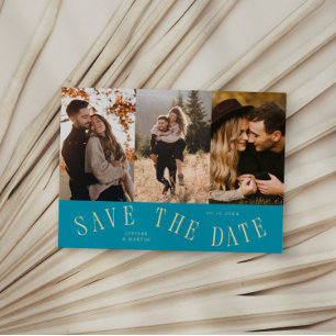 Gebogen typografie multi foto aqua blauw save the date