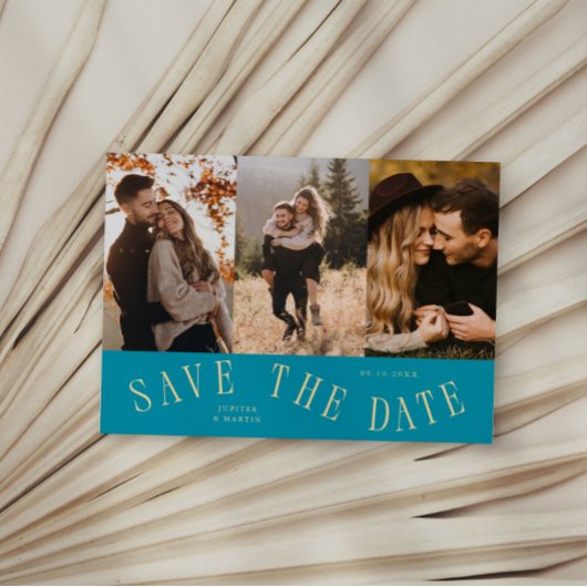 Gebogen typografie multi foto aqua blauw save the date