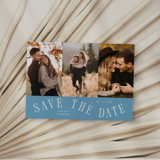 Gebogen typografie multi foto denimblauw save the date