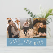 Gebogen typografie multi foto denimblauw save the date (Staand voorkant)