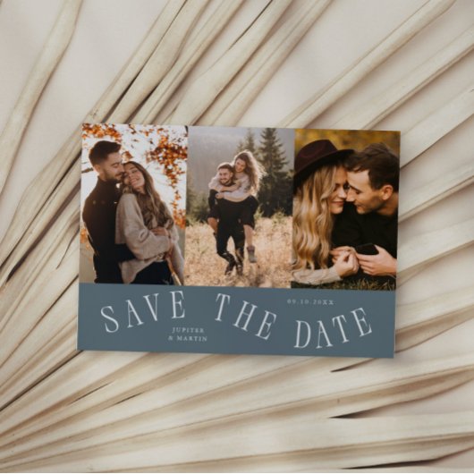 Gebogen typografie multi foto leisteenblauw save the date