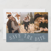 Gebogen typografie multi foto leisteenblauw save the date (Voorkant)
