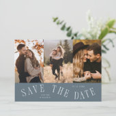 Gebogen typografie multi foto leisteenblauw save the date (Staand voorkant)