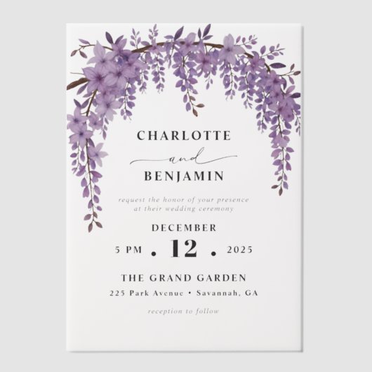 Gebogen Wisteria Branch Bloementuin Trouwen Vellum Uitnodigingen (Voorkant)