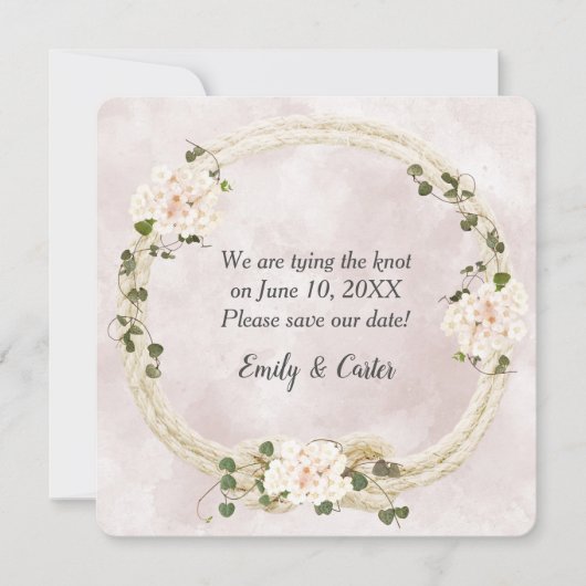 Gebonden touw met Hydrangea boeketten Save The Date (Voorkant)