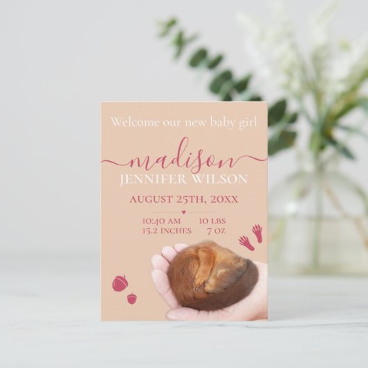 Geboorte aankondiging baby meisje schattig dier Br Briefkaart (Staand voorkant)