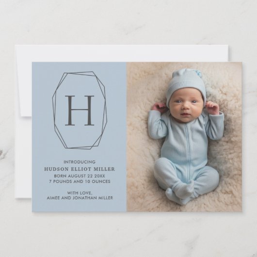 Geboorte aankondiging Monogram Modern Blauw Kaart (Voorkant)