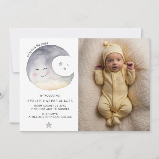 Geboorte aankondiging over de Maan Waterverf Kaart (Voorkant)