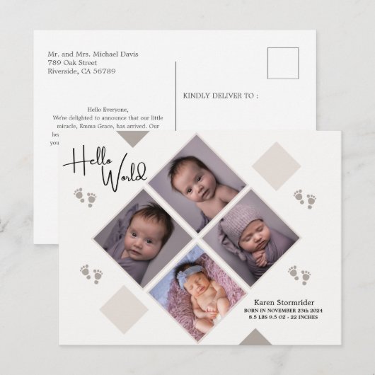 Geboorte aankondiging Pasgeborene eenvoudig met fo Briefkaart (Voorkant / Achterkant)