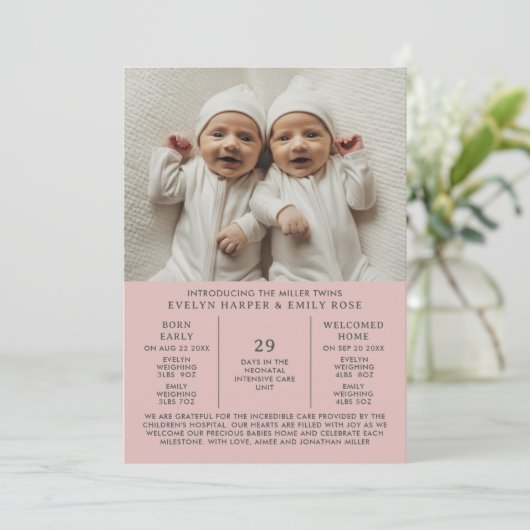 Geboorte Aankondiging Preemie Twins NICU Roze Kaar (Staand voorkant)
