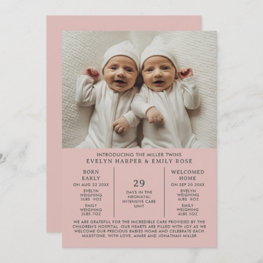 Geboorte Aankondiging Preemie Twins NICU Roze Kaar (Voorkant / Achterkant)