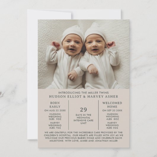 Geboorte Aankondiging Preemie Twins NICU Taupe Kaa (Voorkant)