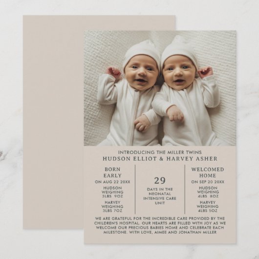 Geboorte Aankondiging Preemie Twins NICU Taupe Kaa (Voorkant / Achterkant)