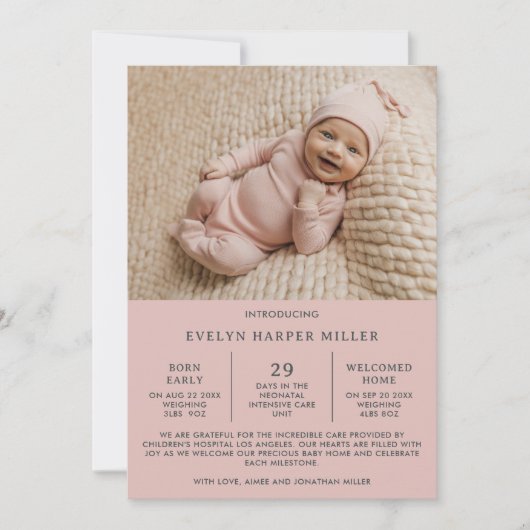 Geboorte Aankondiging Premie NICU Modern Roze Kaar (Voorkant)