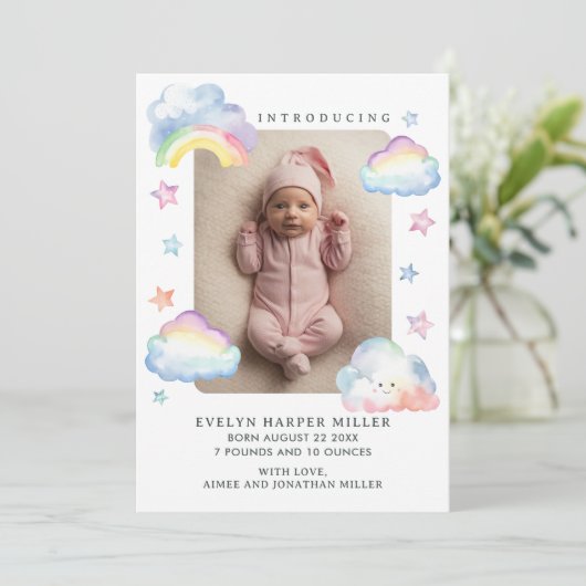 Geboorte Aankondiging Wolken & Sterren Baby Meisje (Staand voorkant)