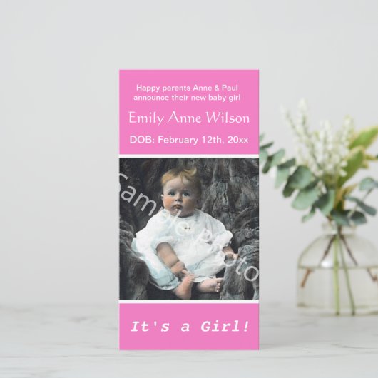 geboorte baby, voeg je foto roze toe aankondiging (Staand voorkant)