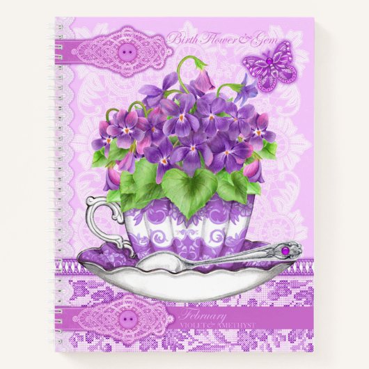 Geboorte Bloem en Gem Februari Kant Groot Notitieboek (Voorkant)