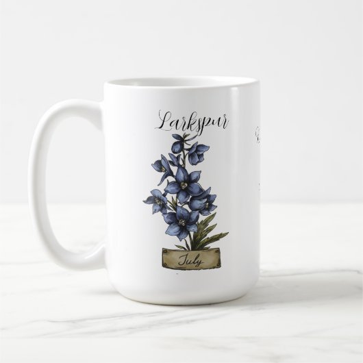 Geboorte Bloem JULI Verjaardag Larkspur Koffiemok (Links)