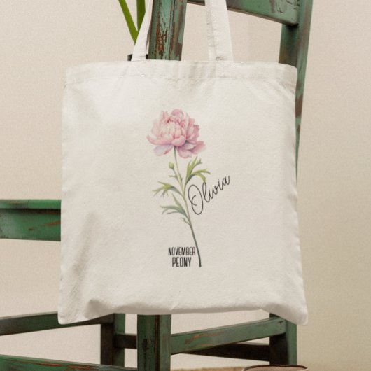 Geboorte Bloem Maand November Peony Naam Canvas ta Tote Bag