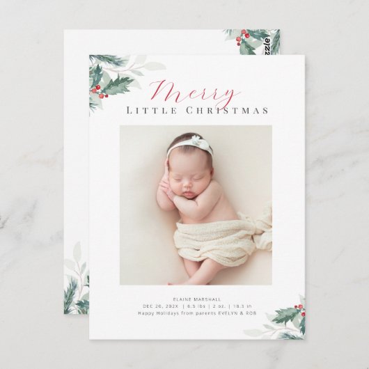 geboorte kerstmis greenery - aankondiging briefkaart (Voorkant / Achterkant)