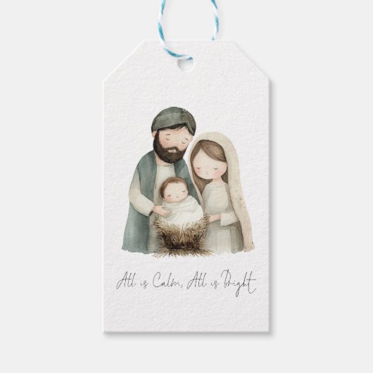 Geboorte Mary Joseph Baby Jesus Alles is kalm scri Cadeaulabel (Voorkant)