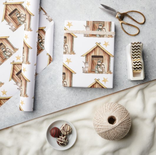 Geboorte Mary Joseph Baby Jesus Stabiele Kerstmis Cadeaupapier (Crafts)