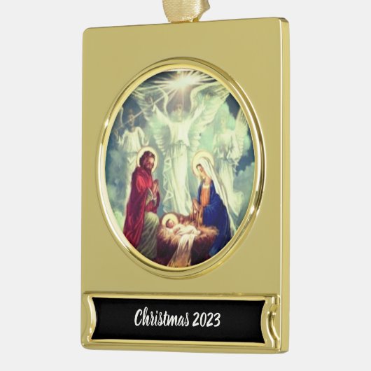 Geboorte met engelen Kerstmis 2023 Verguld Banner Ornament (Links)