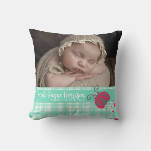 Geboorte pasgeboren gift lieveheersbeestje aqua gr kussen (Voorkant)
