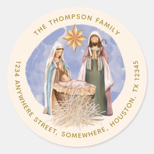 Geboorte retour naam adres gouden tekst crème ronde sticker (Voorkant)