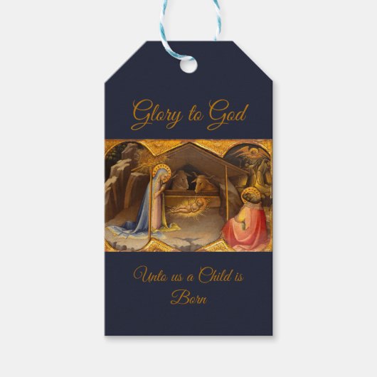 Geboorte Scène in Gouden Glorie aan God Cadeaulabel (Voorkant)