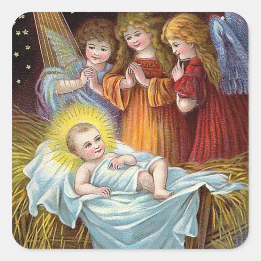 "Geboorte Scène" Kerstmis Vierkante Sticker (Voorkant)