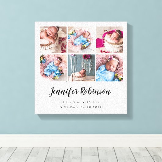 Geboorte Stat Foto Collage Wit Canvas Afdruk (Insitu (Houten vloer))