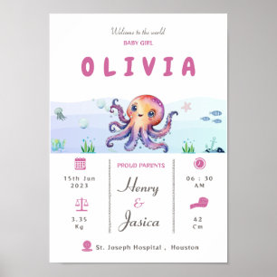 Geboorte statistieken baby meisje aquatisch thema poster